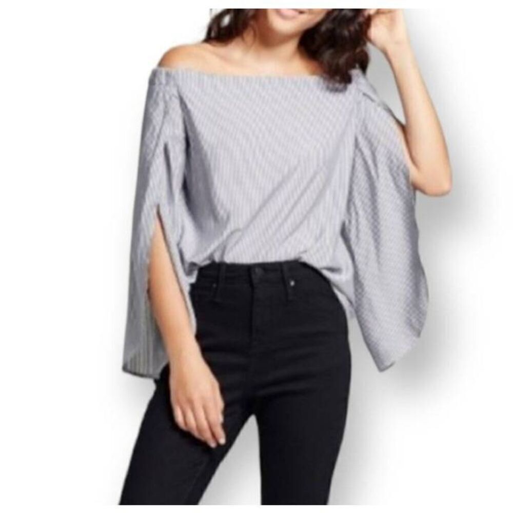 MERONA OFF THE SHOULDER TULIP SLEEVE GRAY & WHITE STRIPE TOP SZ.XS EUC